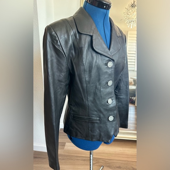 Vintage 80s 90s Bagatelle Boho Button Down Black Leather Blazer Jacket - Picture 4 of 14